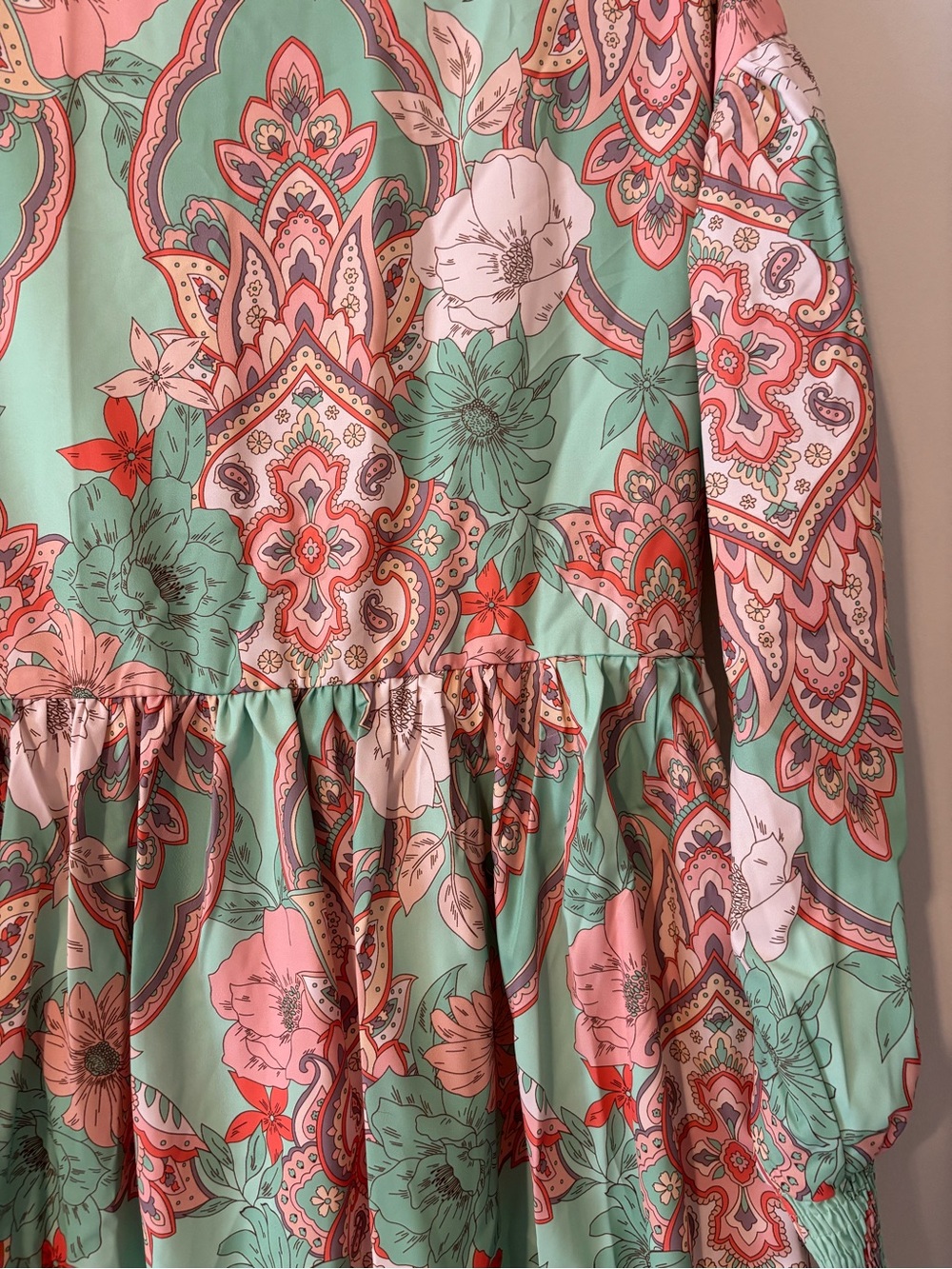 Summer Mint Green Paisley Floral Button-Up Babydoll Concert Dress - Picture 10 of 11